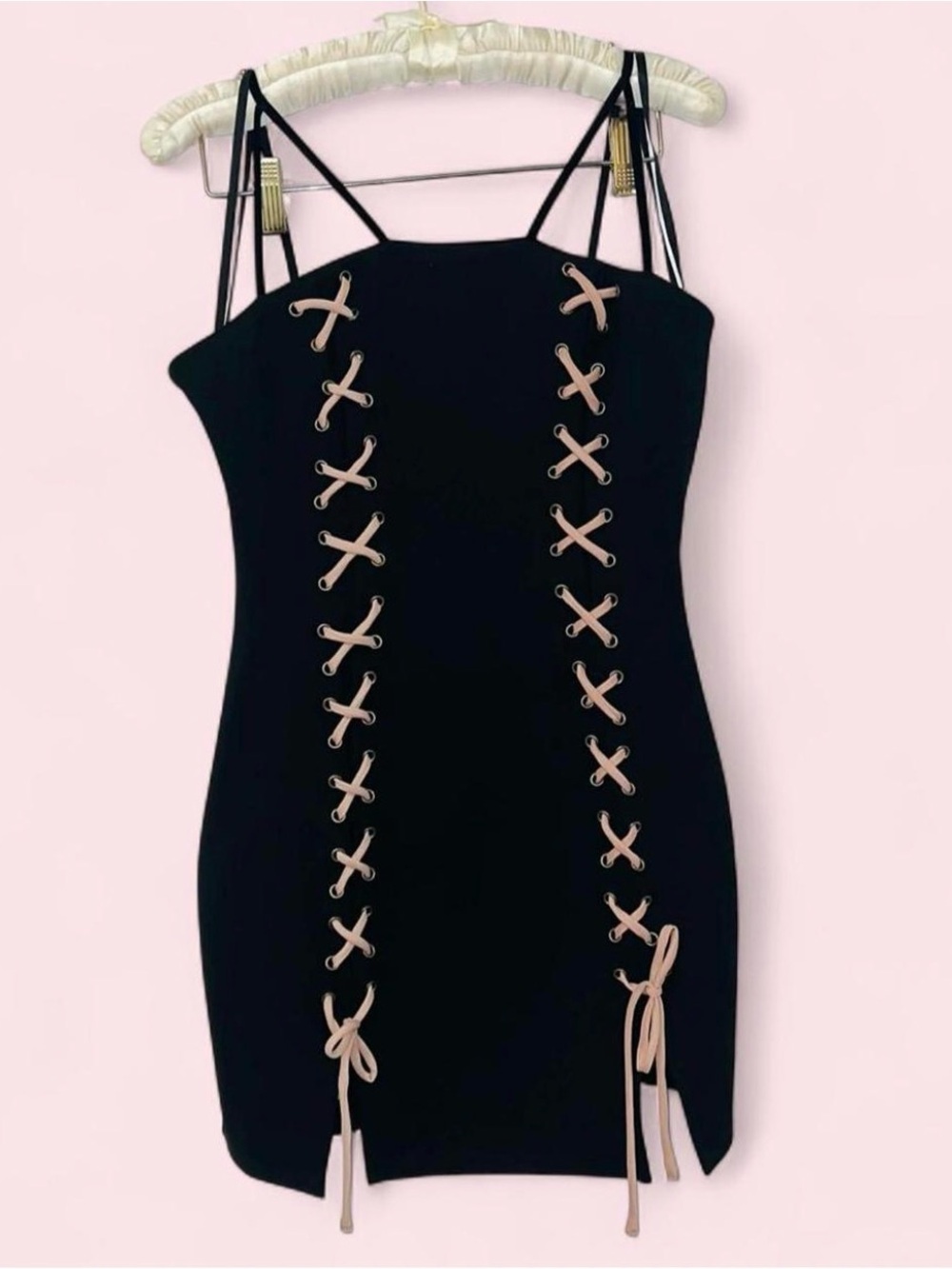 h:ours REVOLVE Black Pink Lace Up Bodycon Mini Dress Size S